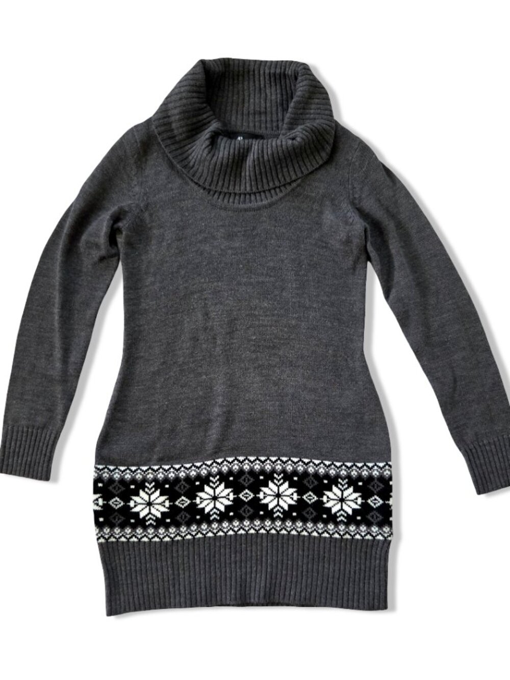 AB Studio Gray Cowl Neck Sweater Dress Women S Fair Isle Snowflake Knit Cozy